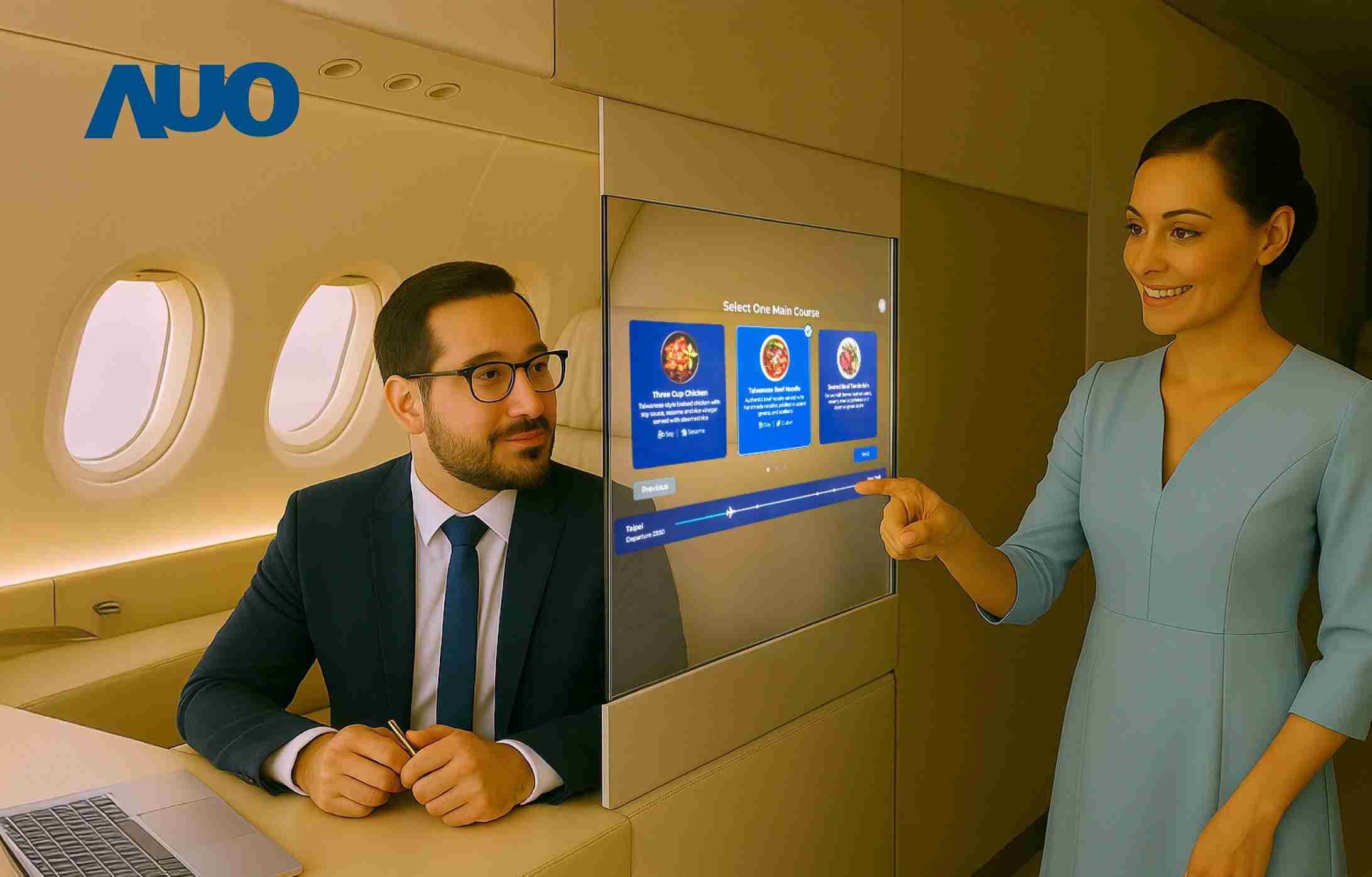 蓝狮在线研发全球最薄17.3 吋双面透明 Micro LED 显示器，，，，可在同一屏幕之双边投射不同信息，，，，创造独特的”透明化”互动；图为实时翻译交流应用情境